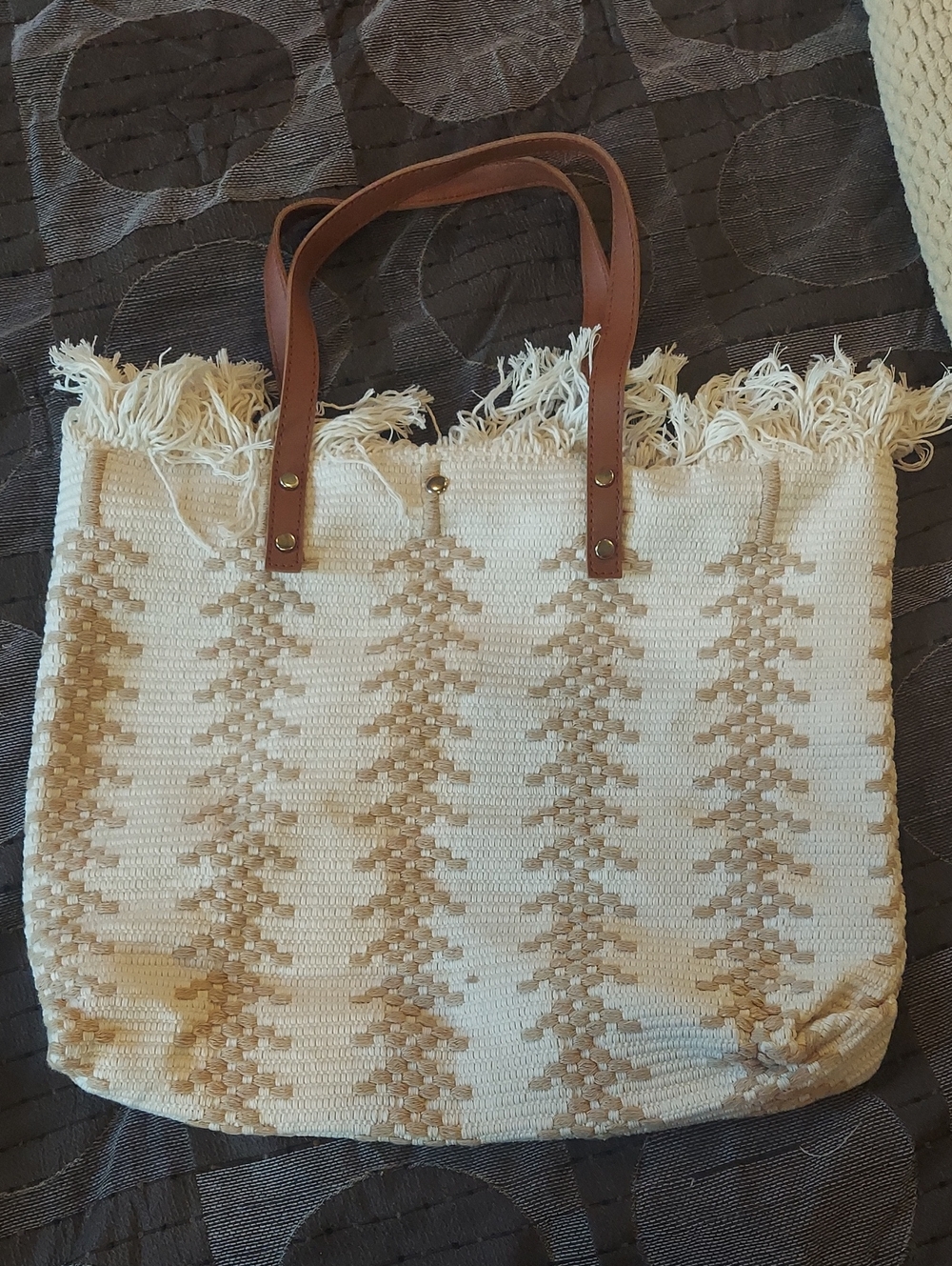 NWOT Woven Fringe Tote Bag with Brown Handles - Cream & Tan